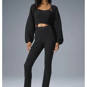 Alo Yoga Denim Knit High-Waist Flare Pant, Black/Anthracite, Size S